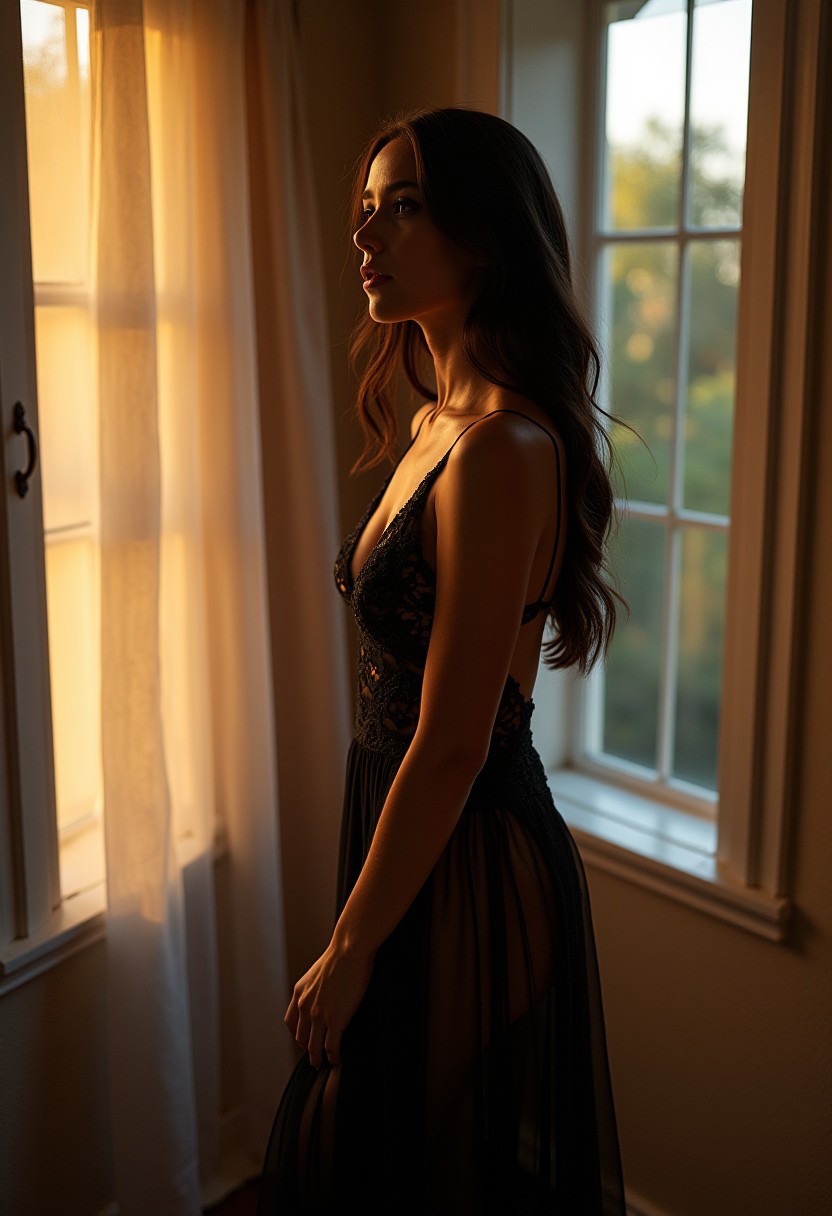 A full body shot of a gorgeous beautiful woman with flawless skin, long black hair, wearing a long sheer, black lace, open gown, standing by window lit by the golden light of morning sun, Well lit, sharp focus, high quality, artistic, unique, award winning photograph, photo taken by Canon 5d Mark IV with 35mm lens, style of miller earl