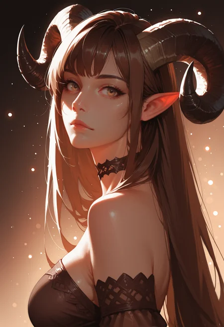 1girl, horns, solo, long hair, pointy ears, looking at viewer, brown hair, bare shoulders, , upper body, sheep horns, , light brown eyes, dress, choker, curled horns, straight hair, breasts,, detached sleeves, , brown dress, nose, from side, , , brown hair, , eyelashes, , see-through, hazel eyes, looking to the side, strapless dress, demon girl, light particles,, masterwork, masterpiece, best quality, dynamic lighting , dynamic pose,, dynamic angle, , , (realistic:1.2), (lineless:1.2), detailed, , aged up, adult, depth of field, dynamic lighting, blurry, cheekbones,