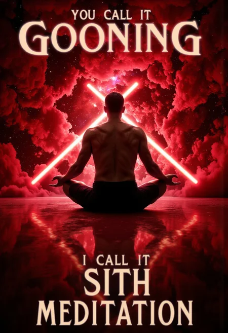 At the top of the image, in bold, readable letters, the text spells out: 'You call it "GOONING"'.
A Sith Lord levitating in the lotus position, seen from behind. He is shirtless, wearing only black tattered shorts, with pale, scarred skin visible on his back. The background is a detailed red nebula, adding to the epic atmosphere.
At the bottom of the image, in large, bold text, it reads: 'I call it SITH MEDITATION'. Ensure the text is clear and prominent within the scene