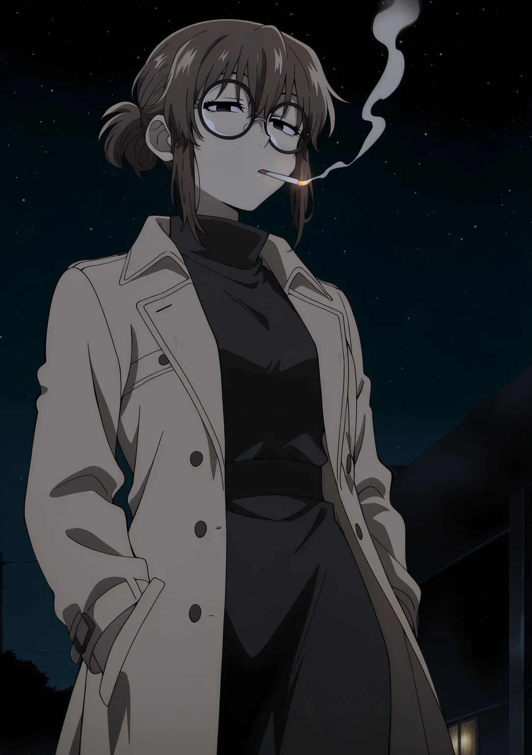 detailed background, official style,anime coloring, (anime screencap) masterpiece, detailed face,1girl <lora:Anko_Uguisu_v2:0.8>Anko, solo, glasses, night, sky, star (sky), night sky, starry sky, brown hair, coat, dress, black eyes, turtleneck, black dress, outdoors, short hair, hands in pockets, cigarette in mouth, smoke, smoking