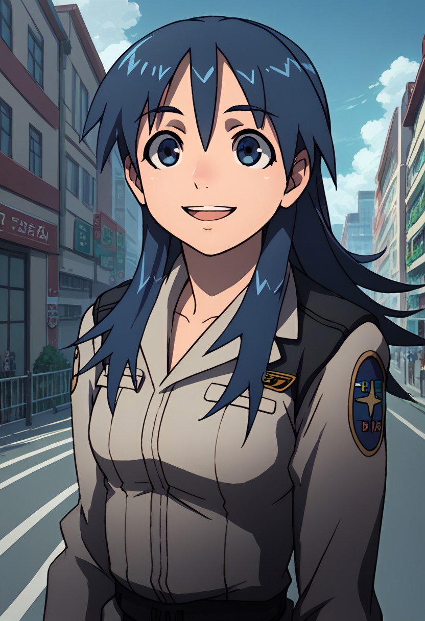 score_9, score_8_up, score_7_up,city view, female,blanchett, blue hair, long hair, blue eyes, military uniform,front view,happy
