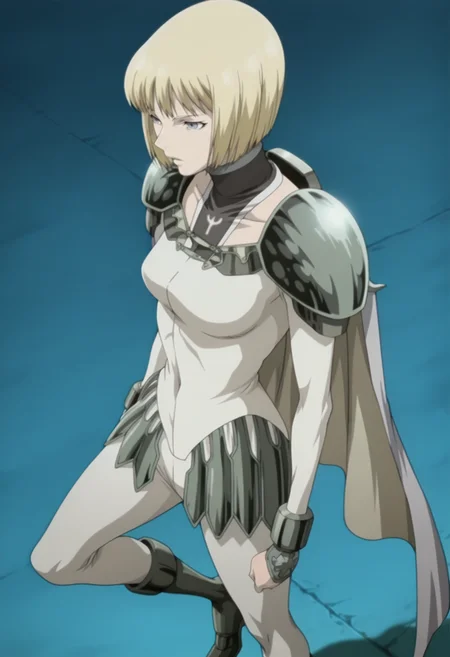 anime screencap, anime coloring, 1girl, solo, <lora:DX888ClareIL:1> clare, blonde hair, grey eyes, blonde hair, bob cut, cape, bodysuit, pauldrons, armored boots BREAK blue background, dithered background, BREAK from above, from side, standing on one leg dutch angle