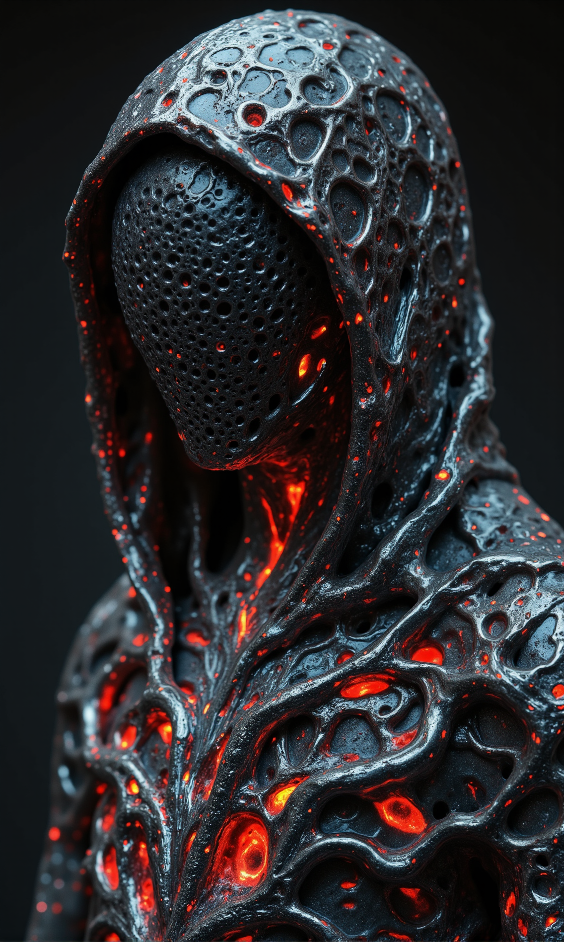 dark eldritch entity shrouded in a hooded cloak, its form shifting and twisting like living coral. The creature’s body is made of an organic, porous material, with countless holes forming eerie, unnatural patterns. Its face is obscured by the deep shadows of the hood, leaving only an unsettling void. The texture of its body is a mix of chitinous ridges and liquid-like structures, as if frozen mid-motion. The surface of the entity is primarily deep charcoal gray, but veins of glowing crimson and eerie green pulsate through its porous structure, casting an ominous light. The red glow seems to emanate like embers from within, while the green has a toxic, almost radioactive hue. The cloak is a muted black with faint streaks of crimson light reflecting off its edges, adding an otherworldly vibrancy to the darkness. The glowing elements create a ghostly contrast against the shadows, emphasizing its unnatural presence.