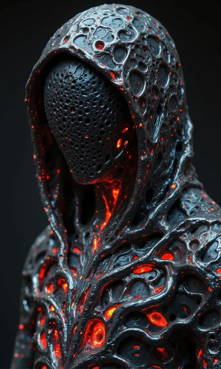 dark eldritch entity shrouded in a hooded cloak, its form shifting and twisting like living coral. The creature’s body is made of an organic, porous material, with countless holes forming eerie, unnatural patterns. Its face is obscured by the deep shadows of the hood, leaving only an unsettling void. The texture of its body is a mix of chitinous ridges and liquid-like structures, as if frozen mid-motion. The surface of the entity is primarily deep charcoal gray, but veins of glowing crimson and eerie green pulsate through its porous structure, casting an ominous light. The red glow seems to emanate like embers from within, while the green has a toxic, almost radioactive hue. The cloak is a muted black with faint streaks of crimson light reflecting off its edges, adding an otherworldly vibrancy to the darkness. The glowing elements create a ghostly contrast against the shadows, emphasizing its unnatural presence.