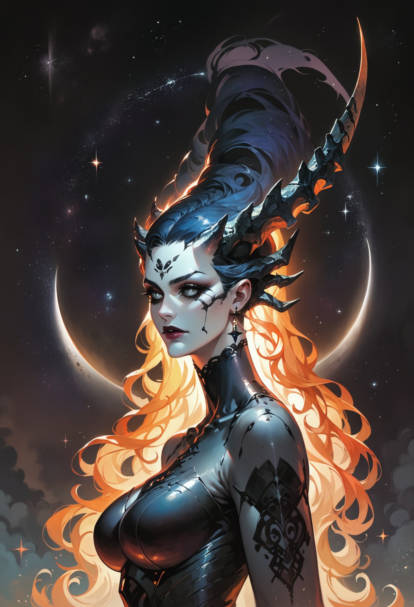 score_9, score_8_up, score_7_up,  a depiction of an otherworldly goddess named io, upper body, pure porcelain skin, deep abyssal black eyes, black horns, long dress made of the stars, astral plane, dark, epic, ethereal, mystical, stars, atmospheric, beautiful, skin patterns  <lora:sdxl/pony_summer_days_2_style:0.8> <lora:sdxl/pale_demon:0.6>