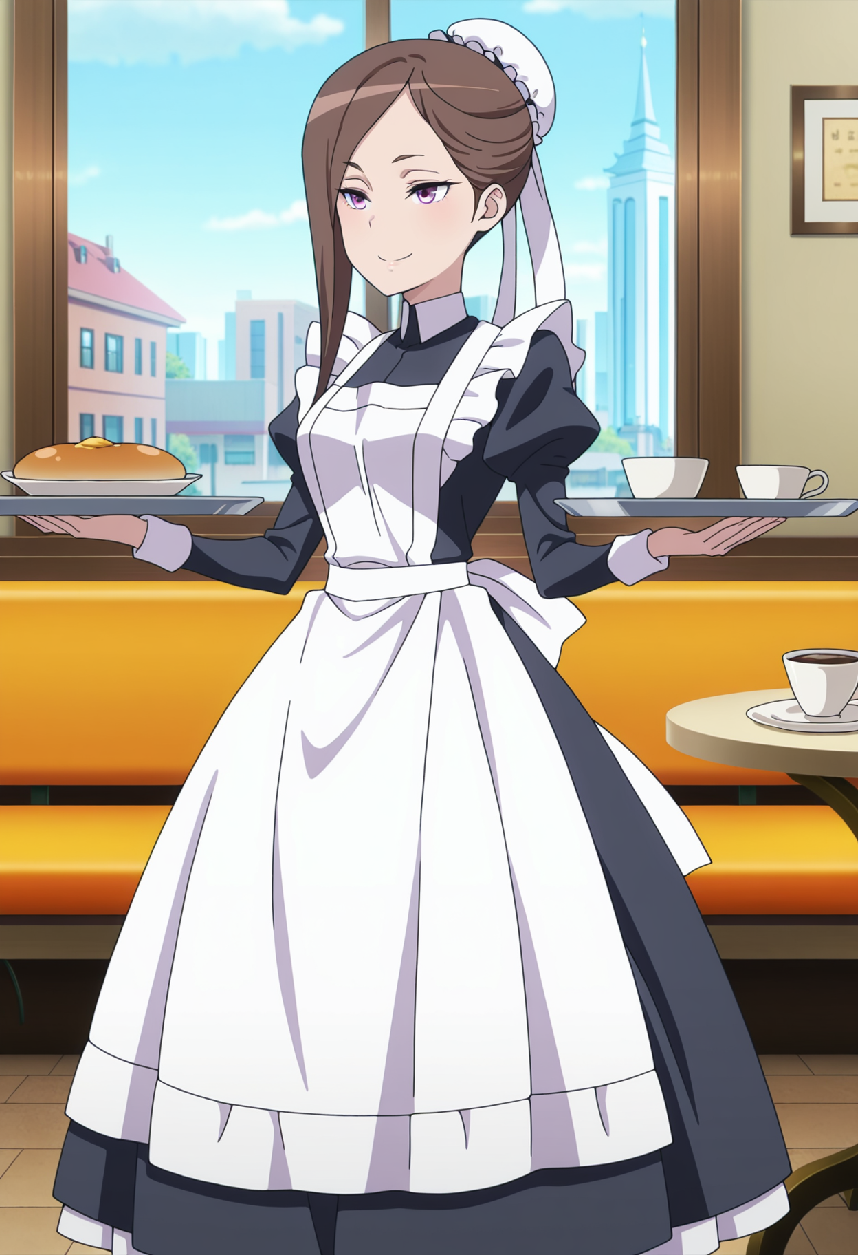 masterpiece, best quality, anime screenshot, anime, 1girl, solo, <lora:Dorothy [Illustrious] Princess Principal:1>, Dorothy, purple eyes, brown hair, single sidelock, bun cover, maid headdress, black dress, maid apron, white apron, juliet sleeves, long dress, holding tray, cafe, indoors, window, bench, city, day, smile,