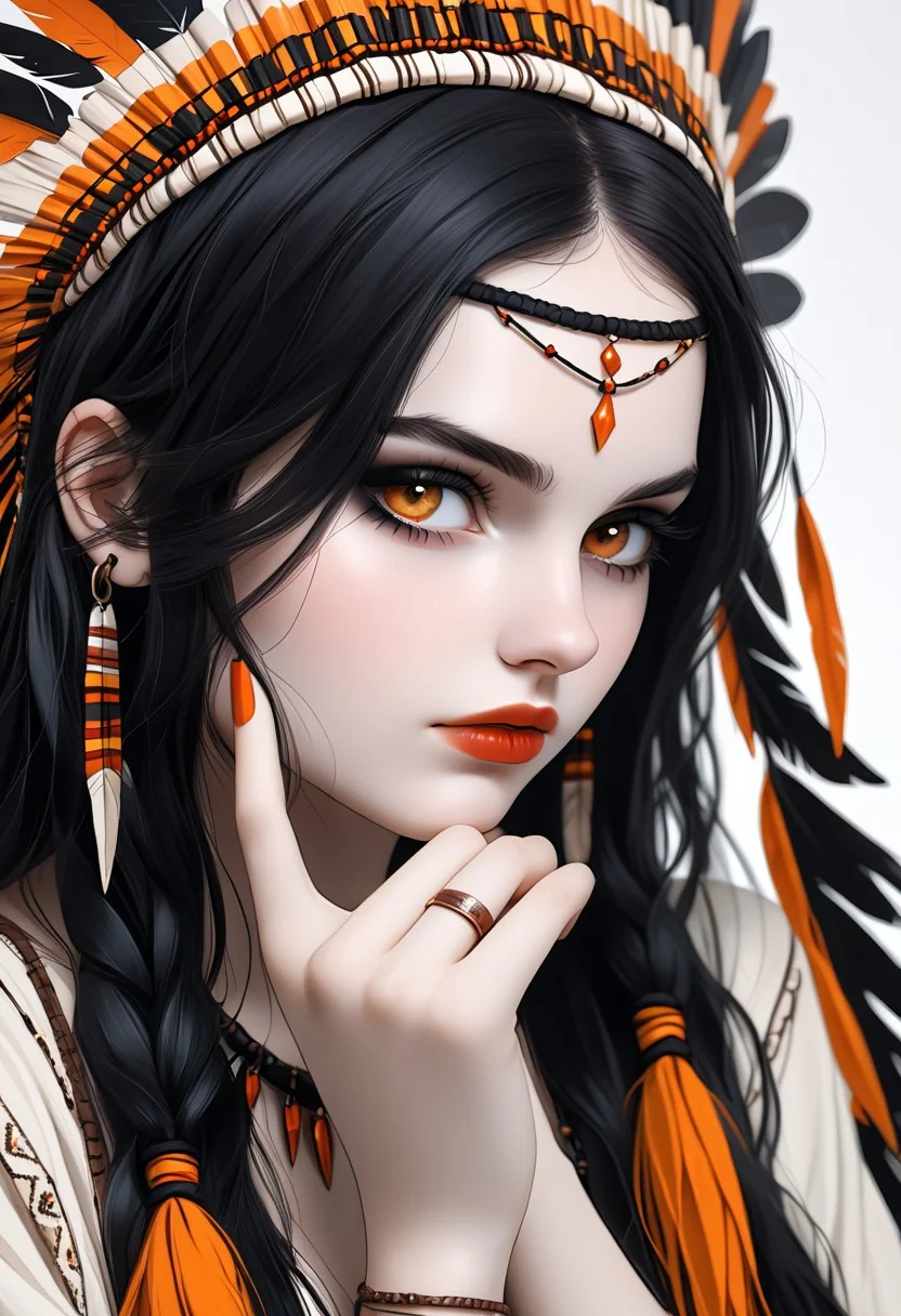 portrait, masterpiece, artistic, pin-up pose, focus on eyes, (very detailed face), 1girl, solo, hyper realistic, photo realistic, realist, 
BREAK gir:/(long hair, straight hair, ((Dolores Abernathy:1.7)), [(orange IncursioDipDyedHair) (black hair) (orange hair ends)], bang fringe hair, light eyes, hazel eyes:1.2, black-eyeliner, red lipstick, white pale skin, chubby,,female indigenous clothes, goth style, ,goth Native American headdress, (copper wedding ring), (copper jewelry), black clothes/)