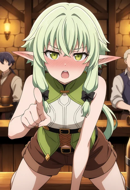 anime screencap, masterpiece, best quality,
<lora:GoblinSlayer_HighElf(Archer)_IlluXL:0.9>,
1girl, open mouth, drunk, nose blush,
short hair with long locks, low ponytail, green hair, green eyes, pointy ears, hair bow, black bow,
multicolored dress, sleeveless dress, cross-laced dress, black belt, underbust, brown shorts,
pointing at viewer,
all fours, on table, looking at viewer, straight-on,
blurry background, indoors, tavern, people