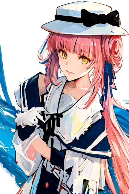 solo_focus, 1girl, ((white background, simple background)):2, (((masterpiece))), ((best quality)), ((ultra-detailed)), high resolution, absurdres, highres, ultra-detailed 8k unity wallpaper,
ceylon_arknights, long_hair, bangs, pink_hair, feather_hair, feathers, hat, white_headwear, yellow_eyes, blue_feathers, bow, hair_bun, hat_bow, smile, black_bow