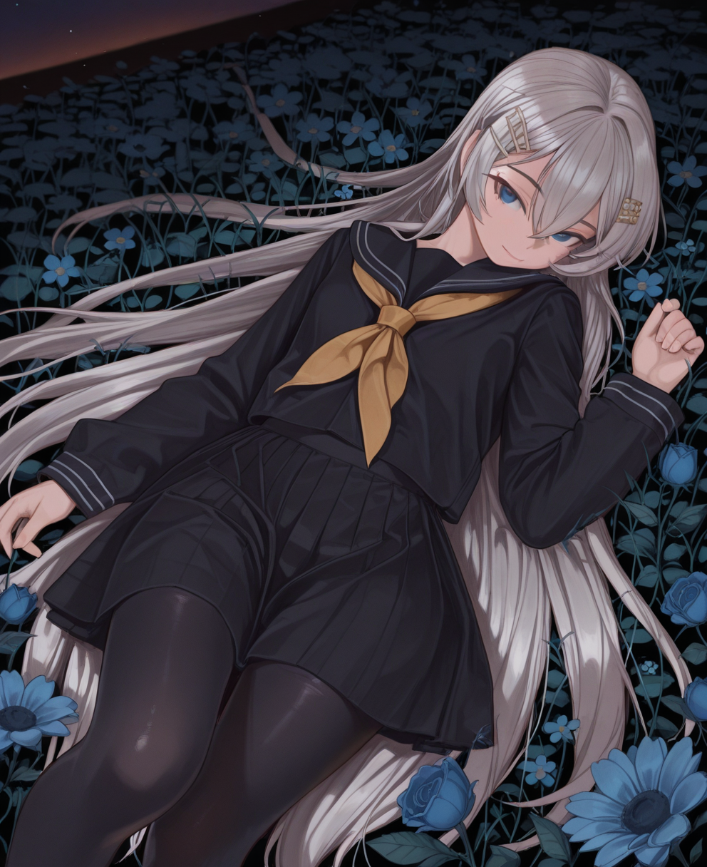 <lora:naruto05:1> naruto05,
(masterpiece), (best quality), (ultra-detailed), amazing quality, very aesthetic, illustration, perfect composition, intricate details, absurdres, incredibly absurdres, shiny skin, realistic,
 naruto05, 1girl, solo, blue eyes, skirt, long hair, pantyhose, flower, hair ornament, lying, school uniform, looking at viewer, black skirt, black pantyhose, grey hair, blue flower, long sleeves, serafuku, shirt, on back, pleated skirt, closed mouth, sailor collar, black shirt, black serafuku, hair between eyes, hairclip, field, smile, very long hair, flower field, general