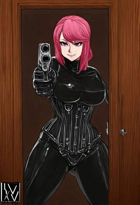 1girl, elegant, pink hair, purple eyes, glossy, shiny, black bodysuit, HW_Corset, closed body suit, latex leggings, latex gloves, large breasts, seductive smile. holding gun, aiming left, left pistol, doorway.