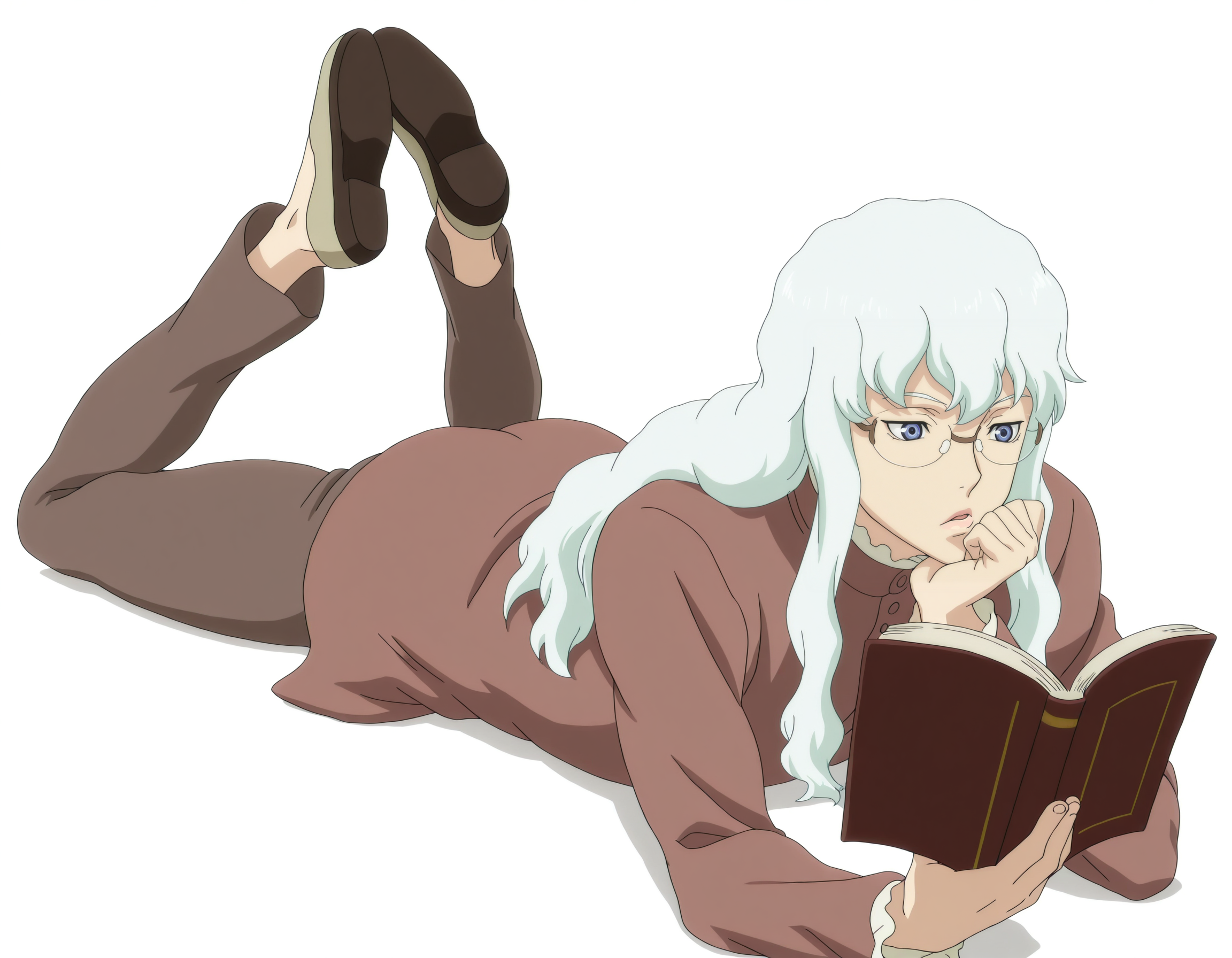 perfect composition, shadows, shading, full body, solo, <lora:anime_screencap-Illustrious:0.65> anime screencap, anime coloring, very aesthetic, absurdres, zPDXL, <lora:Pony_DetailV2.0:0.5> <lora:illustrious_quality_modifiers_masterpieces_v1:1>
<lora:gr1tt1h-000013:1> gr1tt1h, 1boy, blue eyes, long hair, white hair, <lora:glasses_illustrious_V1.0:0.8> glasses, rimless eyewear, male focus, thoughtful, defined lips, hand on chin, holding book, reading book, laying on stomach, legs up, 
slender, toned body, high collar, brown loungewear, long sleeves, pants, shoes, 
white background, simple background,
