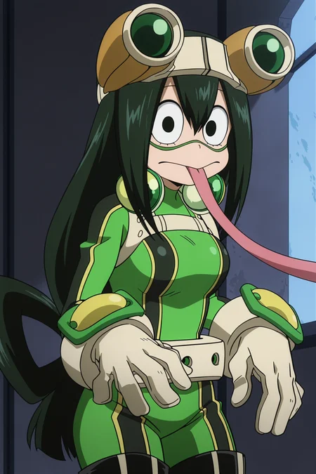anime screencap, anime coloring, detailed face, masterpiece, best quality, very aesthetic, absurdres, volumetric lighting, official style, amazing quality, ultra detailed,  highres, amazing quality, scenery, beautiful detailed hair, beautiful detailed eyes,
<lora:Ochako_Uraraka_and_Tsuyu_Asui_My_Hero_Academia_r1:1>
Froppy hero outfit, Tsuyu Asui (character), asui tsuyu, 1girl, solo, black hair, hair between eyes, long hair, black eyes, low-tied long hair,
long tongue, frog girl, goggles, tongue, gloves, goggles on head, green bodysuit,  tongue out,  looking at the viewer, cowboy shot