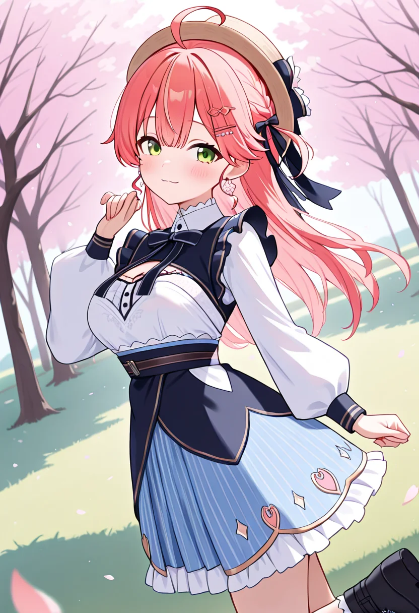 masterpiece,best quality,absurdres,perfect lighting,tree,cherry blossoms,petals,grass,
*//*,<lora:Sakura_Miko-Illustrious:1>,sakumiko_1offset,1girl,solo,sakura miko,virtual youtuber,green eyes,pink hair,long hair,bangs,ahoge,hair ornament,hairclip,cleavage cutout,official alternate costume,alternate costume,long sleeves,dress,layered skirt,white shirt,striped skirt,blue skirt,frilled skirt,hat,boots,black footwear,earrings,jewelry,
*//*,looking back,cowboy shot,dutch angle,dynamic pose,light smile,from behind,