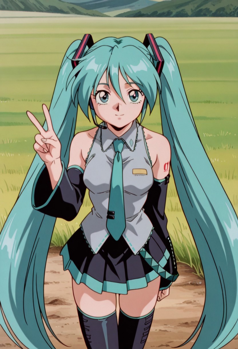 official art,  masterpiece, best quality, absurdres, very aesthetic, 1girl, female focus, solo, AWGXS, anime screenshot, retro artstyle,1990s (style), cel animation, 1girl, female focus, solo, hatsune miku, medium breasts, twintails,necktie, collared shirt, sleeveless, detached sleeves, tattoo, aqua hair, skirt, pleated skirt, thighs, thighhighs, v, looking at viewer, outdoors, scenery, standing, cowboy shot, plains, grass