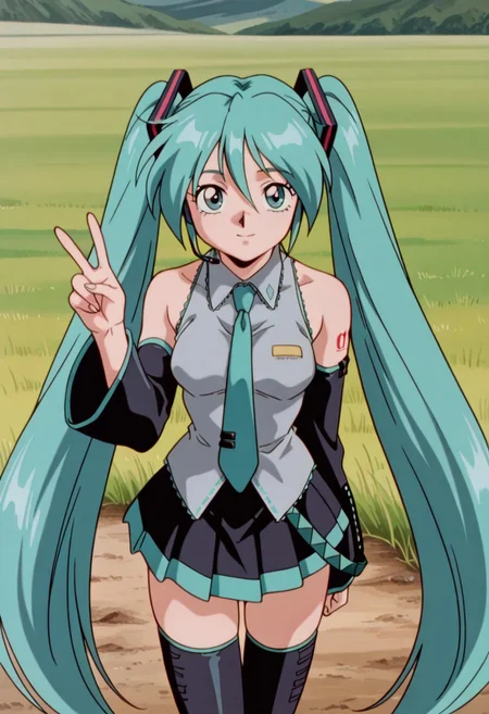 official art,  masterpiece, best quality, absurdres, very aesthetic, 1girl, female focus, solo, AWGXS, anime screenshot, retro artstyle,1990s (style), cel animation, 1girl, female focus, solo, hatsune miku, medium breasts, twintails,necktie, collared shirt, sleeveless, detached sleeves, tattoo, aqua hair, skirt, pleated skirt, thighs, thighhighs, v, looking at viewer, outdoors, scenery, standing, cowboy shot, plains, grass