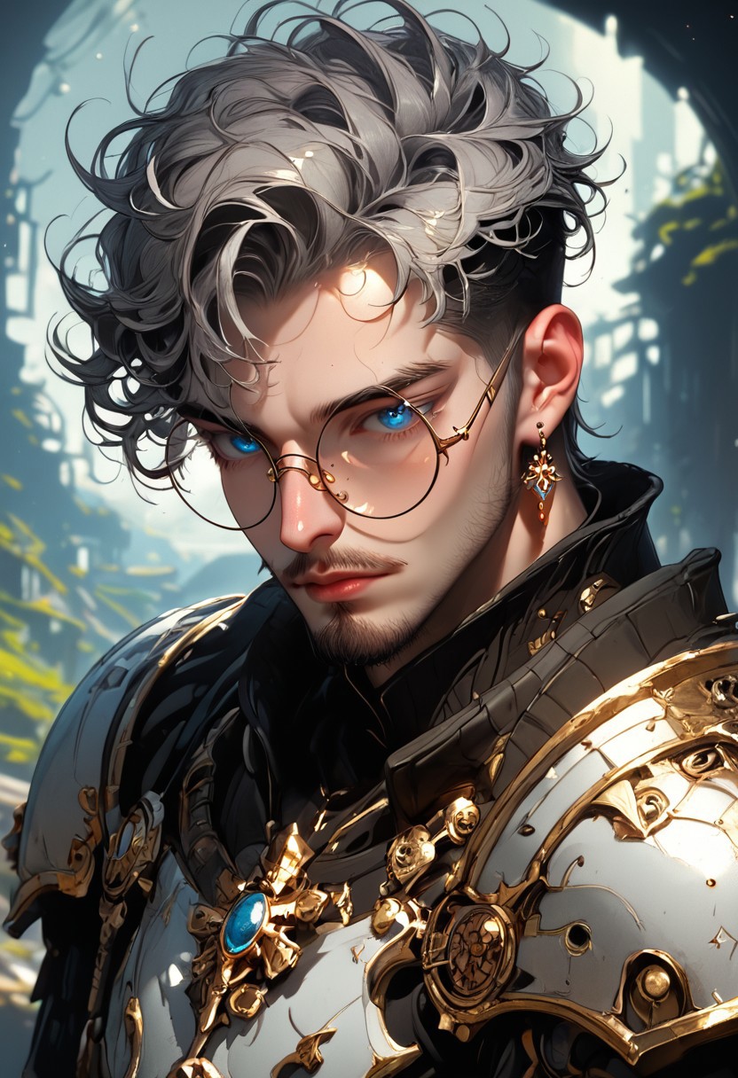 score_9, score_8_up, score_7_up, score_6_up, score_5_up, score_4_up, (score_9, score_8_up:1.1), score_7_up, high resolution, high quality, masterpiece, ultra detailed, high angle, n4g4, b0, knva, aaamanaaa, concept art, front view, close up, cowboy shot, portrait, face focus, depth of field, bokeh effect,
1boy, solo, adult male, medieval fantasy, 30 years old, light on face,
short hair, ((undercut)), gray hair, (((facial hair, heavy dark stubble))), blue eyes, mole under eye, sexy, <lora:roundGlassesVb1:.5>, ((roundglassesb, round glasses, round eyewear, thick-rimmed glasses)), (black plug earrings), (alt-style), Looking at Viewer
BREAK 
((steampunk power armor in the style of fallout-power-armor, space_space, space armor, shoulder armor, (breastplate), steel armor, gold trim, magic power armor, jewels)), standing, human, detailed background, outdoors, town background, victoria era, steampunk, <lora:style_Concept Art DarkSide Style LoRA_Pony XL v6:1>