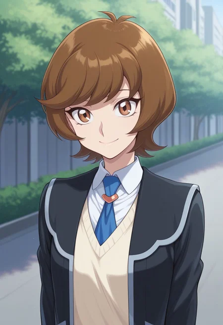 masterpiece,best quality,amazing quality, source_anime,
AoiZaizen, 1girl, solo, brown eyes, brown hair, short hair, school uniform, shirt, white shirt, collared shirt, necktie, blue necktie, cardigan, jacket, blazer, black jacket, open jacket, smile,
outdoor,