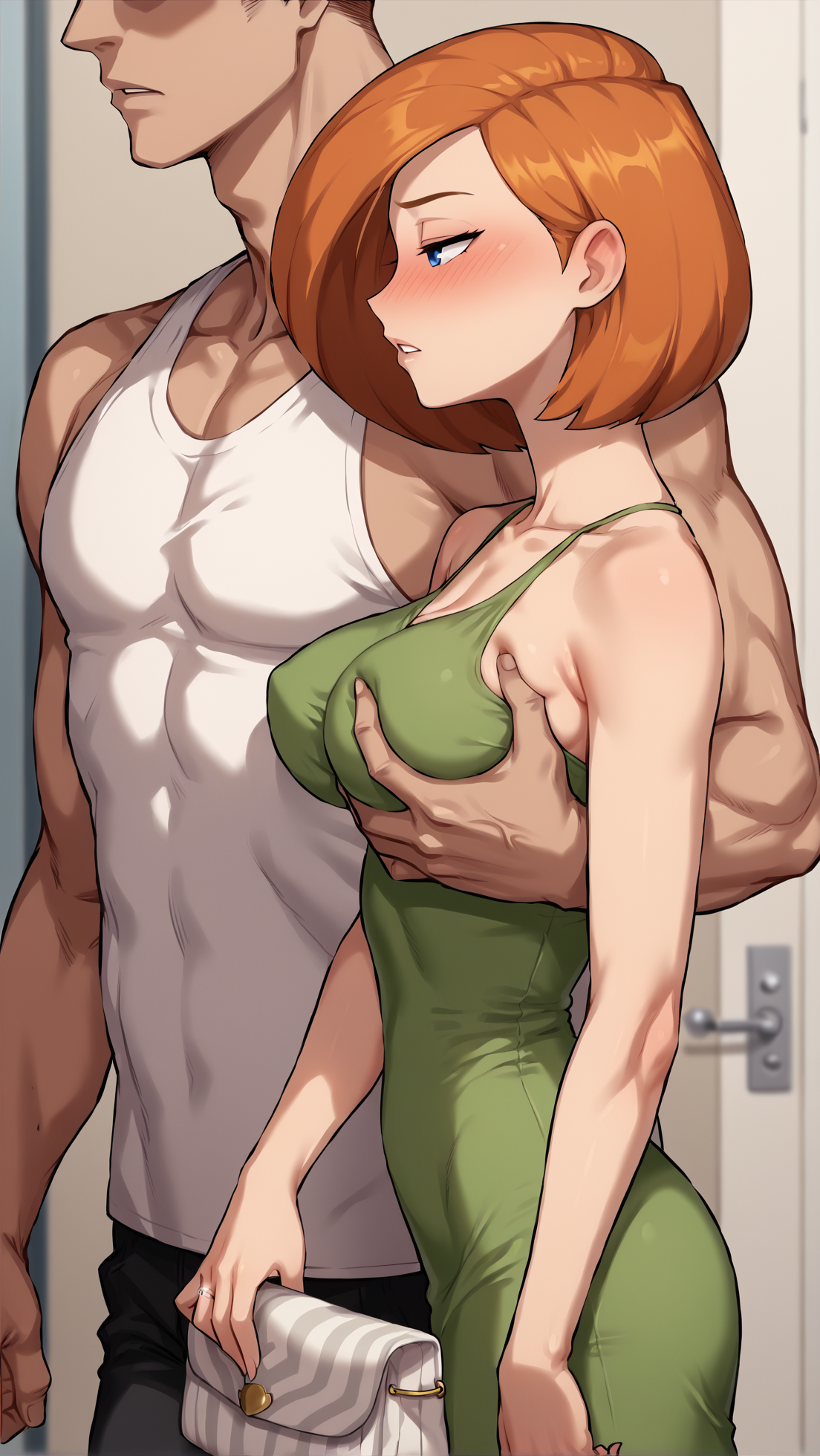 score_9, score_8_up, score_7_up, source_cartoon BREAK 1girl, ann possible, short hair, orange hair, blue eyes, medium breasts, perky breasts, bare shoulders, bare arms, blush, netorare, cheating wife, cheating (relationship), skindentation, from side, breast grab, 1boy, faceless male, size difference, male face out of frame, side view, profile, walking, walking side by side, <lora:Side_view_two_character:1>, dress, seductive, half-closed eyes, female wedding ring, holding handbag, ass, arched back, straps, rating_questionable