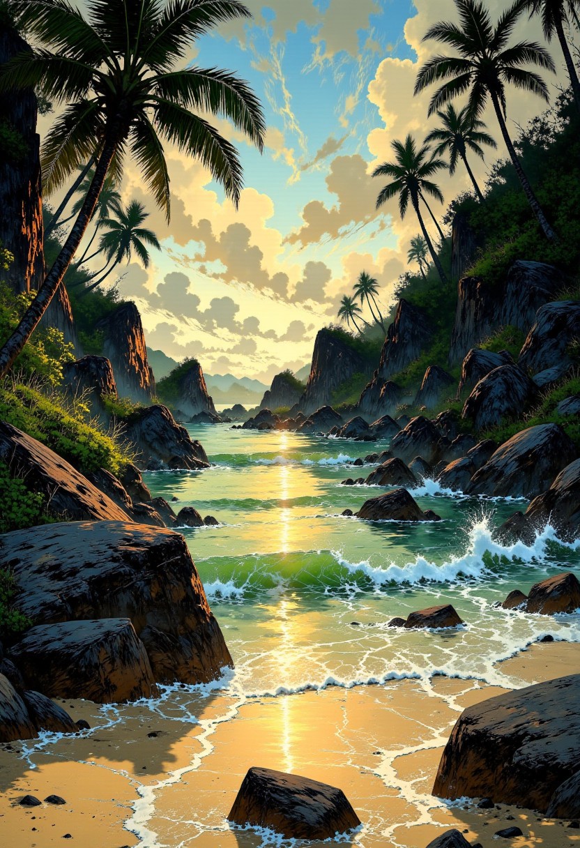 Seychelles Hidden Cove – Sunlit Granite Boulders & Emerald Sea
"A secluded cove in the Seychelles, where massive granite boulders glow under the warm golden sunlight. The emerald-green sea gently kisses the powdery white sand, creating a mesmerizing contrast. Palm fronds sway lazily, their shadows dancing on the shore as the sun dips lower, casting a soft, diffused light across the tropical paradise."