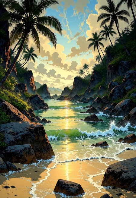 Seychelles Hidden Cove – Sunlit Granite Boulders & Emerald Sea
"A secluded cove in the Seychelles, where massive granite boulders glow under the warm golden sunlight. The emerald-green sea gently kisses the powdery white sand, creating a mesmerizing contrast. Palm fronds sway lazily, their shadows dancing on the shore as the sun dips lower, casting a soft, diffused light across the tropical paradise."