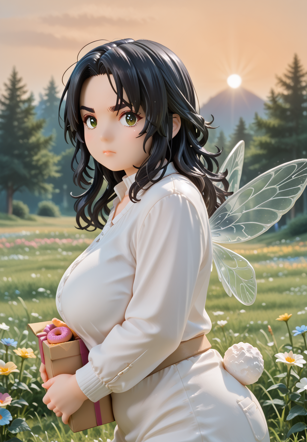 IllusP0s, PonyScores7, pvc figure, ah1, IllustriousQual, interesting, exciting, spectacular, wonderful, amazing quality, absolutely eye-catching, very awa,
BREAK <lora:xl_more_art-full_v1:0.2>, <lora:aesthetic_anime_v1s:0.2>, <lora:detailxl:0.2>, detailxl, amazing quality, best aesthetic, absurdres, Volumetric_Lighting, ultra-detailed, very aesthetic, intricate details, best_quality, lazympos, <lora:Add_Details_v1.2:0.4>, <lora:quality_modifiers_masterpieces_v1:0.2>, <lora:HDA_Detailer:0.3>, <lora:natsumi_style:0.2>, <lora:by_usakun-pony:0.2>, by usakun, <lora:Akina_Bbw_Style_-_PonyXL:0.2>, AkinBw,
BREAK (((holding a box of donuts))), dynamic pose,
BREAK 1girl, mature female, (curvy), round-chin, caucasian, <lora:ETO_OC_Illustrius:0.5>, eto_oc, skindentation, (plump), thick thighs, wide hips, busty, voluptuous, round ass, gigantic breasts, <lora:plussizegirls_IL:0.3>, <lora:plussizegirls_pony:0.3>, <lora:shinyskin2:0.2>, glistening skin, HDA_FatGirlXL, <lora:perfection style:0.2>, perfection style, perfection, 
BREAK ((Female character with fairy wings and bunny tail)),
BREAK (curly hair), long hair, (black hair:1.4), (parted hair:1.7), messy hair, kinky curls, detailed hair, <lora:hairdetailpxl:0.2>, hairdetailpxl,
BREAK (half green and brown eyes), (colorful eyes), (multicolored eyes), (downturned eyes:1.4), expressive eyes, perfect eyes, eyes hd, detailed eyes, (round face:1.2), (thick eyebrows:1.3), (plump face), lips, <lora:Round_face:0.2>,
BREAK (((bright eyes, V-shaped eyebrows, closed mouth, stern expression expression))), Expressive, emotional, looking at viewer, Face Detailed, <lora:Expressive_H:0.2>, Expressiveh, <lora:Emotional_Anime_Expressions_PonyXL_Concept:0.2>, <lora:Best_Facial_Expression_LoRA_PONY:0.2>, looking at viewer, <lora:Detailed expressive EXEV style -XL Pony V1.0:0.2>, FaceDetail, <lora:Best_Facial_Expression_Helper_XTREME_ILLU:0.4>, kaogei,
BREAK (((The expansive fields of Guerrero at dawn, with rolling hills covered in wild grasses and blooming flowers, The soft light of the rising sun casts a warm glow, creating an inviting and peaceful atmosphere, The scene embodies the untouched beauty of the countryside))), (((Ground level, (from side), Close to viewer))), 4k, 8k, Ultra HD, Masterpiece, Best quality, Detailed background, foreshortening, extreme perspective, full_details, <lora:AddMicroDetails_Illustrious_v4:0.3>, addmicrodetails,