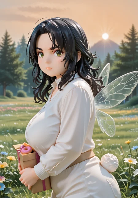 IllusP0s, PonyScores7, pvc figure, ah1, IllustriousQual, interesting, exciting, spectacular, wonderful, amazing quality, absolutely eye-catching, very awa,
BREAK <lora:xl_more_art-full_v1:0.2>, <lora:aesthetic_anime_v1s:0.2>, <lora:detailxl:0.2>, detailxl, amazing quality, best aesthetic, absurdres, Volumetric_Lighting, ultra-detailed, very aesthetic, intricate details, best_quality, lazympos, <lora:Add_Details_v1.2:0.4>, <lora:quality_modifiers_masterpieces_v1:0.2>, <lora:HDA_Detailer:0.3>, <lora:natsumi_style:0.2>, <lora:by_usakun-pony:0.2>, by usakun, <lora:Akina_Bbw_Style_-_PonyXL:0.2>, AkinBw,
BREAK (((holding a box of donuts))), dynamic pose,
BREAK 1girl, mature female, (curvy), round-chin, caucasian, <lora:ETO_OC_Illustrius:0.5>, eto_oc, skindentation, (plump), thick thighs, wide hips, busty, voluptuous, round ass, gigantic breasts, <lora:plussizegirls_IL:0.3>, <lora:plussizegirls_pony:0.3>, <lora:shinyskin2:0.2>, glistening skin, HDA_FatGirlXL, <lora:perfection style:0.2>, perfection style, perfection, 
BREAK ((Female character with fairy wings and bunny tail)),
BREAK (curly hair), long hair, (black hair:1.4), (parted hair:1.7), messy hair, kinky curls, detailed hair, <lora:hairdetailpxl:0.2>, hairdetailpxl,
BREAK (half green and brown eyes), (colorful eyes), (multicolored eyes), (downturned eyes:1.4), expressive eyes, perfect eyes, eyes hd, detailed eyes, (round face:1.2), (thick eyebrows:1.3), (plump face), lips, <lora:Round_face:0.2>,
BREAK (((bright eyes, V-shaped eyebrows, closed mouth, stern expression expression))), Expressive, emotional, looking at viewer, Face Detailed, <lora:Expressive_H:0.2>, Expressiveh, <lora:Emotional_Anime_Expressions_PonyXL_Concept:0.2>, <lora:Best_Facial_Expression_LoRA_PONY:0.2>, looking at viewer, <lora:Detailed expressive EXEV style -XL Pony V1.0:0.2>, FaceDetail, <lora:Best_Facial_Expression_Helper_XTREME_ILLU:0.4>, kaogei,
BREAK (((The expansive fields of Guerrero at dawn, with rolling hills covered in wild grasses and blooming flowers, The soft light of the rising sun casts a warm glow, creating an inviting and peaceful atmosphere, The scene embodies the untouched beauty of the countryside))), (((Ground level, (from side), Close to viewer))), 4k, 8k, Ultra HD, Masterpiece, Best quality, Detailed background, foreshortening, extreme perspective, full_details, <lora:AddMicroDetails_Illustrious_v4:0.3>, addmicrodetails,