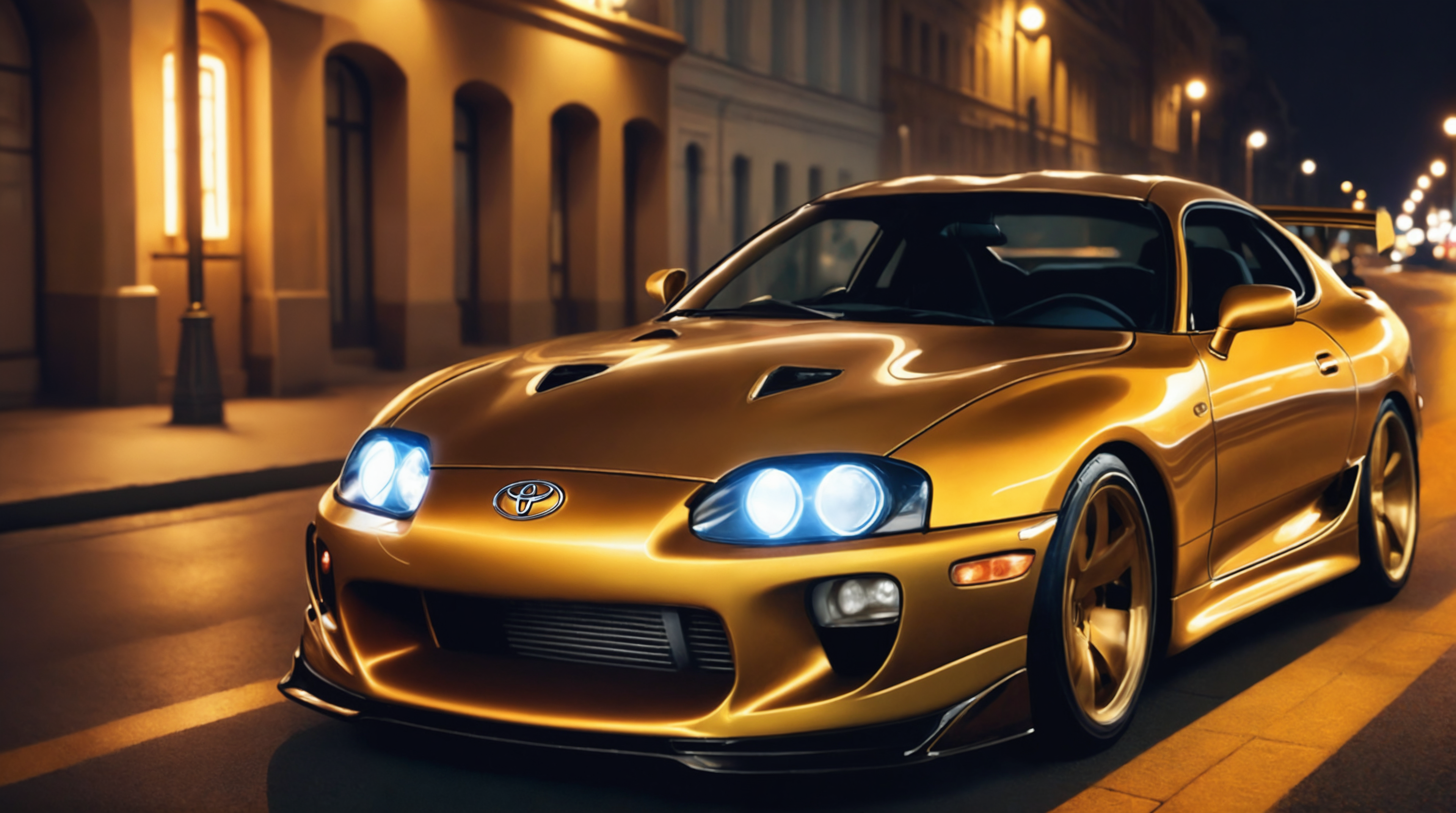 Best quality whole picture,high detailed,masterpiece,high detailed,best quality,masterpiece,high detailed,best quality,golden toyota supra 1998<lora:toyota_supra1998:1.4> racing, front view,night city