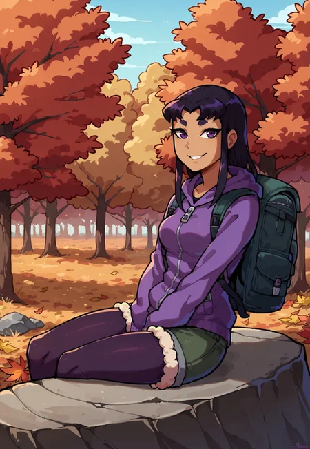 score_9,score_8_up,score_7_up BREAK <lora:Blackfirev2:0.8>,Blackfirev2,1girl,solo,long hair,black hair,dark violet eyes,dark skin,dark skin,thick eyebrows,((wool leggings, cargo short shorts, zip up hoodie, backpack, sitting on rock, upper body, quarter view)),
outdoors, smile, detailed background, outdoors, forest, hiking trail, (autumn, tree, autumn leaves, nature, outdoors), cowboy shot, looking at leaves changing, 