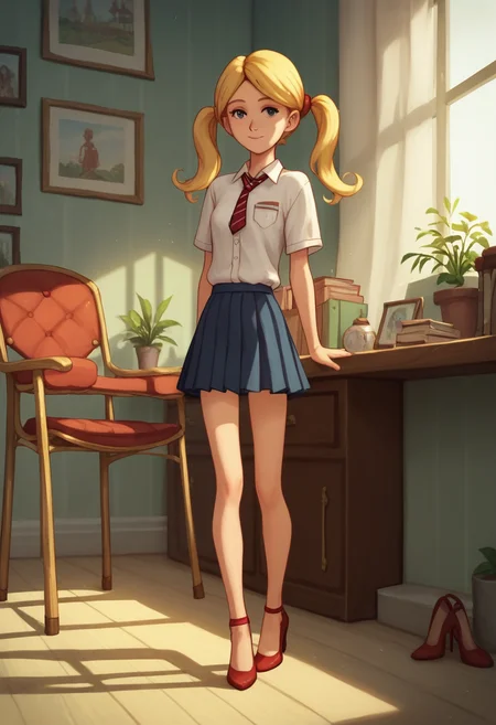 score_9, score_8_up, score_7_up, score_6_up, score_5_up, 1girl, solo, full body,
masterpiece, best quality, absurdes,
<lora:Mean Girl Stole My Work - Instant Karma (Storybooth) (Pony):0.9>
MeanGirl_InstantKarma_Storybooth, blonde hair, pigtails, twintails, long hair,
shirt, pleated skirt, high heels,
detailed background, indoors, bedroom,
<lora:Expressive_H:0.7> Expressiveh,
<lora:add-detail-xl:0.9>