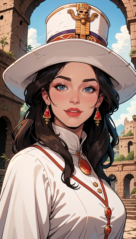 score_9, score_8_up, score_7_up, Western Comics, Portrait, Wizardess, enchanting, cute, seductive, innocent, light smile:0.3, plump lips, slender body, stands majestically, ancient ruins, wearing flowing Wizards robes, pointed hat, depth of field, dynamic angle, fashion photography, sharp, hyperdetailed:1.15