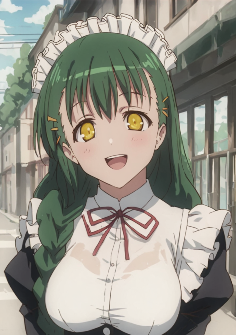 <lora:SanaeShikikagamiPony1.0:1> green hair, 1girl, maid, sanae_shikikagami, solo, outdoors,open mouth,   maid headdress, long hair, braid, hairclip, yellow eyes, breasts, looking at viewer, smile,score_9, score_8_up, score_7_up, score_6_up, score_5_up, score_4_up