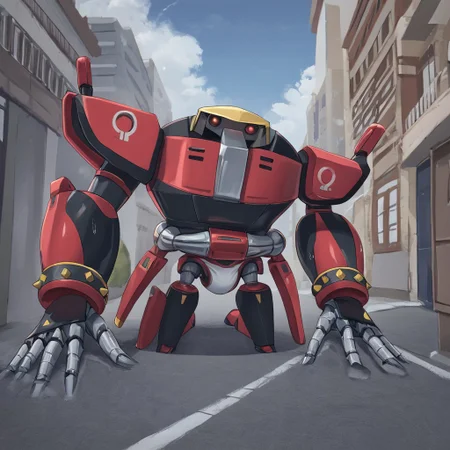 score_9, score_8_up, score_7_up, score_6_up, city, sidewalk, street, buildings, blue sky, masterpiece, best quality, E123Omega, 1boy, robot, mecha, stockier body, stockier arms, red eyes, short, shoulders are much larger, one circling pipe around the waist with two flaps attached, metal sharp fingers, no humans, solo, underwear, white briefs, bulge, steam, sweat, musk, sweatdrop, blushing, low angle, looking at viewer, embarrassed, fidgeting, on all fours