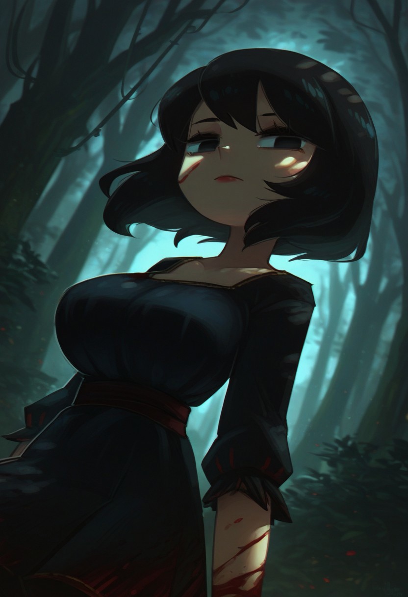PRFRV Style, atmospheric lighting, 1girl, solo, black hair, looking at viewer, short hair, bangs, closed mouth, dress, black eyes, dutch angle, red lips, fair skin, big breasts, dark forest, dappled moonlight, upper body, blood, lowered head