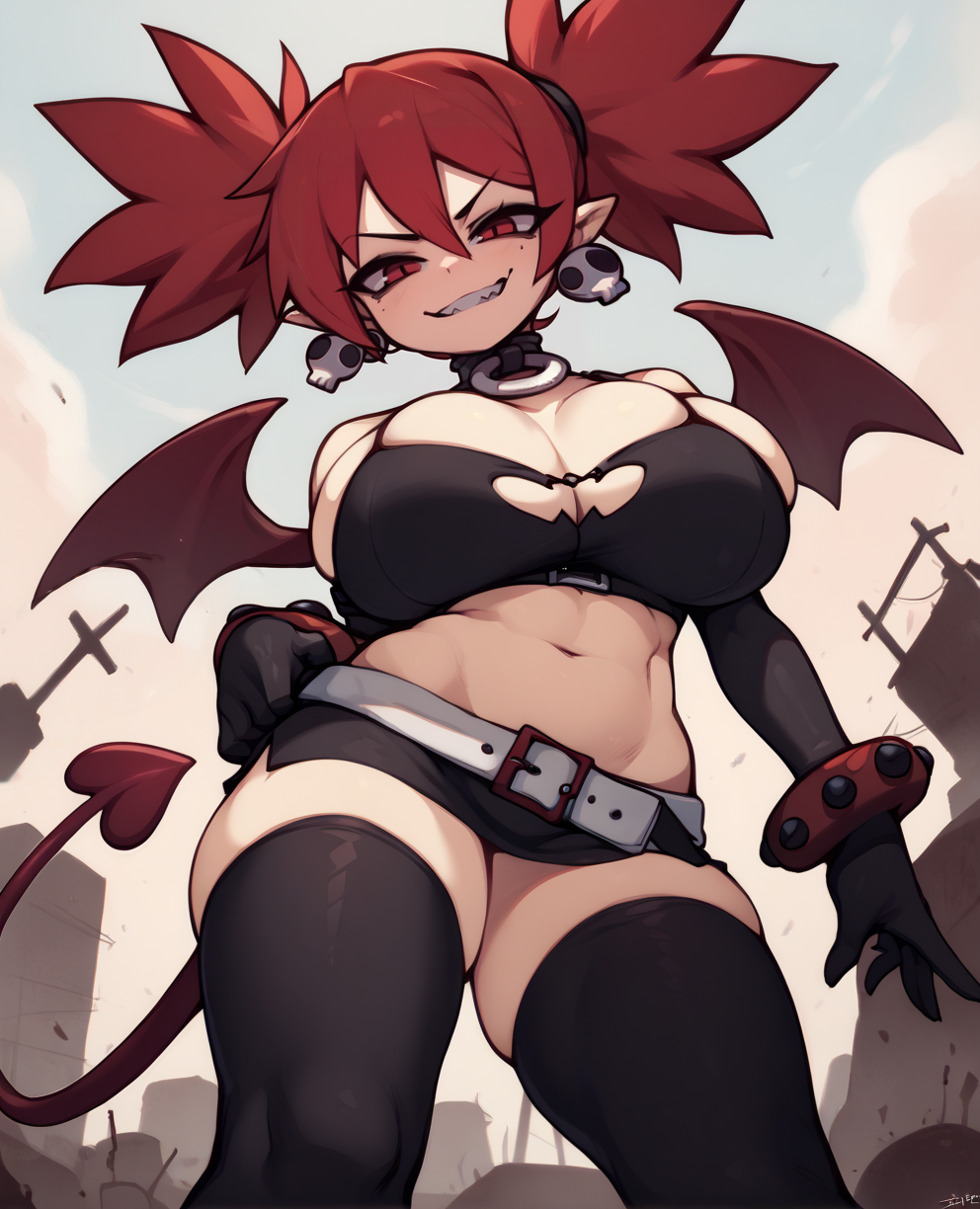 score_9,score_8_up,score_7_up,score_6_up,
Etnaxl,red hair,evil grin,mini wings,smug,short twintails,
gloves,jewelry,choker,thighhighs,black elbow gloves,belt,miniskirt,bangels,bare shoulders,midriff,bra,skull earrings,
from below,huge breasts,skindentation,thighs,
wasteland,dusk,<lora:Etna:1>,