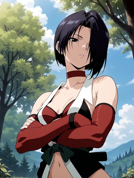 masterpiece,best quality,newest,1girl,solo,
<lora:matsuri_ilxl_v1.0:1>,matsuri,parted lips,black hair,short hair,hair over one eye,black eyes,
m_clothes,choker,bare shoulders,elbow gloves,fingerless gloves,open clothes,
<lora:Fixhands_anime_bdsqlsz_V1:1>,outdoors,cloud,tree,nature,crossed arms,sky,day,upper_body,