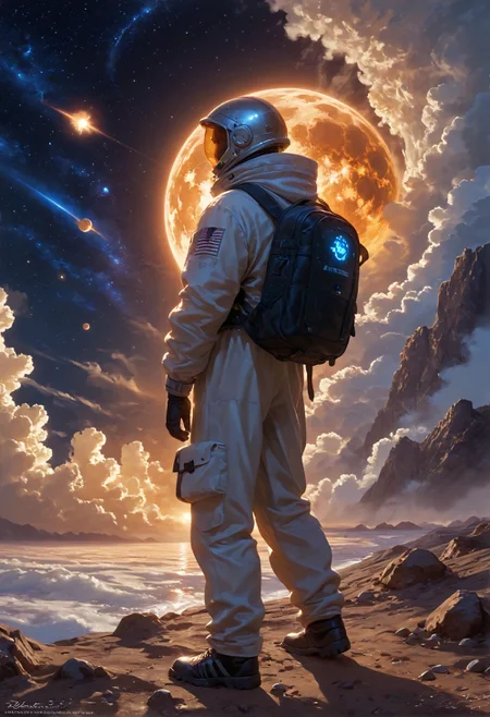 score_9,score_8_up,score_7_up,embedding:zPDXL2, masterpiece,best quality,highly detailed,detailed background, film grain,colorful,glowing,hand person,Expressiveh, , solo, 1boy, standing, male focus, bag, from behind, watermark, backpack, helmet, star \(sky\), scenery, 1other, science fiction, realistic, space, planet, ambiguous gender, spacecraft, spacesuit, astronaut, starship，<lora:增强\(增强)sdxl_lightning_8step_lora.safetensors:1.0:1.0> <lora:增强\(增强)Expressive_H-000001.safetensors:0.8:0.8> <lora:增强\(增强)Hands XL 4.safetensors:1.0:1.0> <lora:增强\glowneon_xl_v1.safetensors:1.0:1.0> <lora:Vixon\收藏\Vixon's Pony Styles Illumi.safetensors:0.8:0.8>