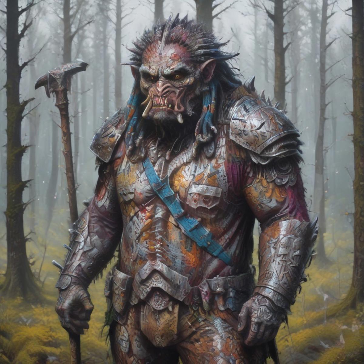 A rugged and grizzled leader of a troll army holding a battle ax walking through a forest, spiked armor shoulder guards and a animal pelts coat, Extremely detailed concept art , ((masterpiece)) Greg Rutkowski, Krenz Cushart Artstation style Artstation