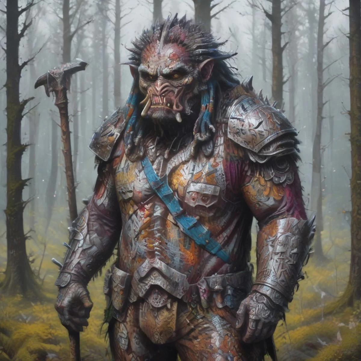 A rugged and grizzled leader of a troll army holding a battle ax walking through a forest, spiked armor shoulder guards and a animal pelts coat, Extremely detailed concept art , ((masterpiece)) Greg Rutkowski, Krenz Cushart Artstation style Artstation