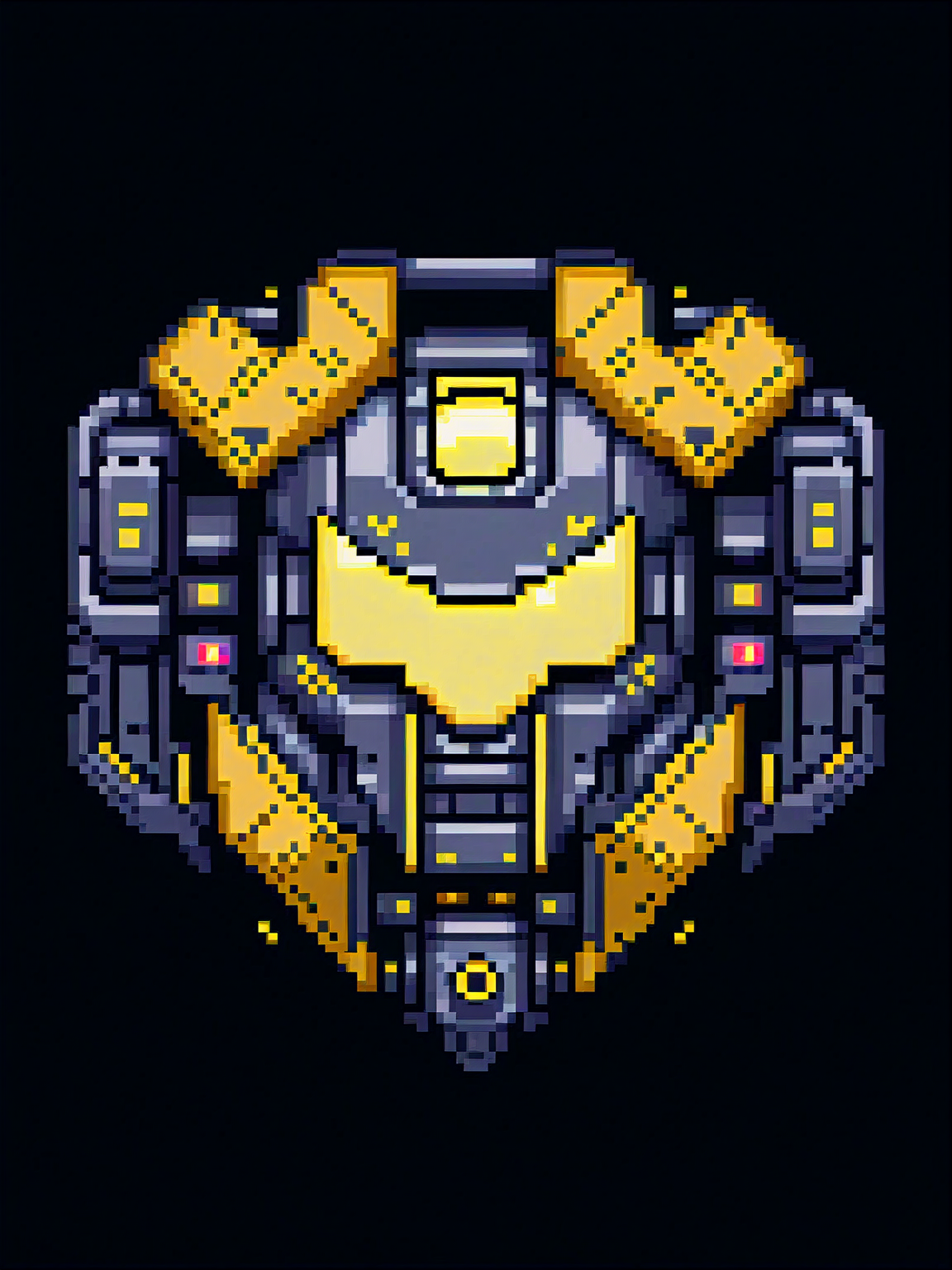 pixel art, cartoon illustration, futuristic mecha shield, cyberpunk, black and yellow colors, simple black background, game icon