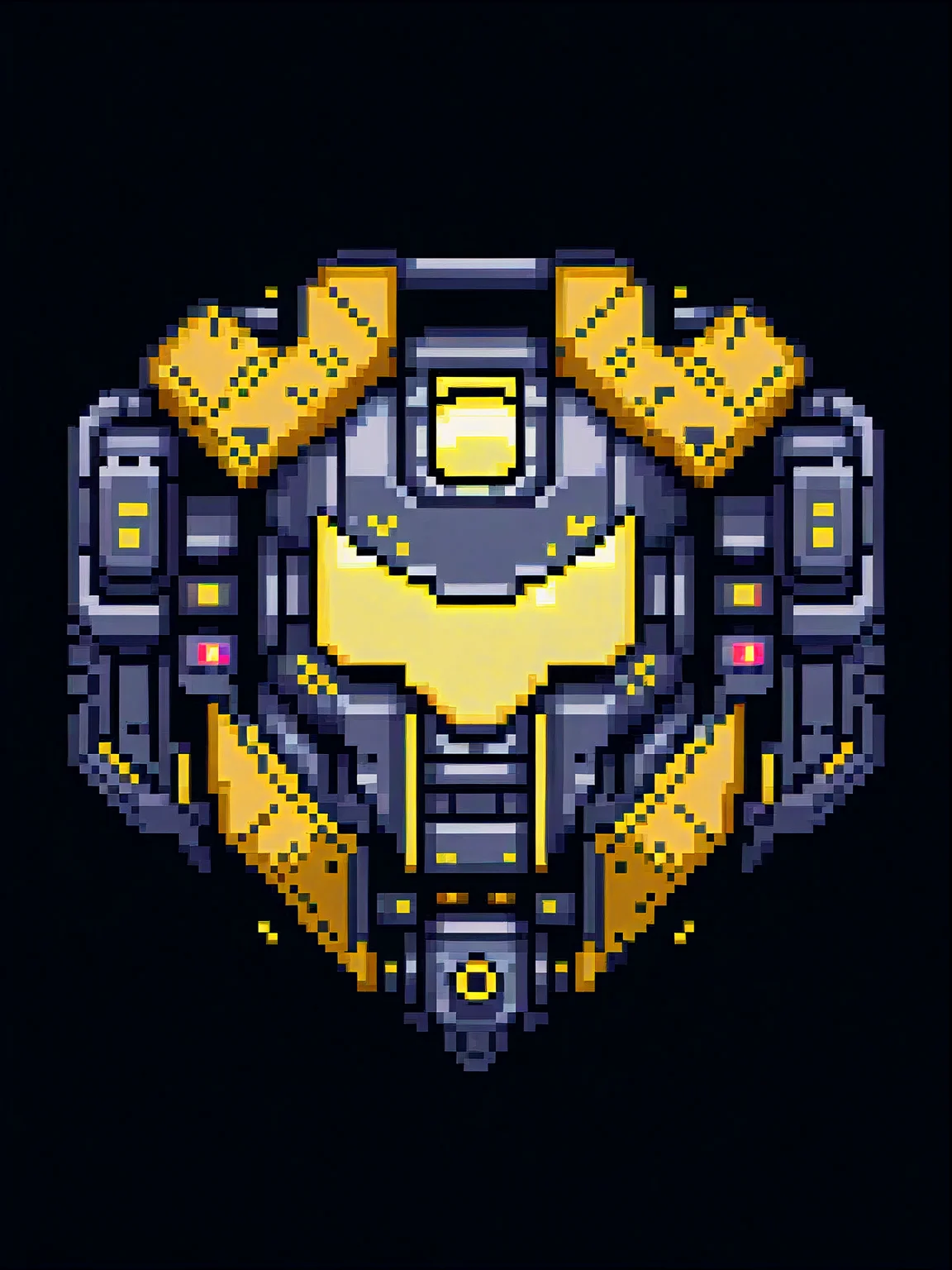pixel art, cartoon illustration, futuristic mecha shield, cyberpunk, black and yellow colors, simple black background, game icon