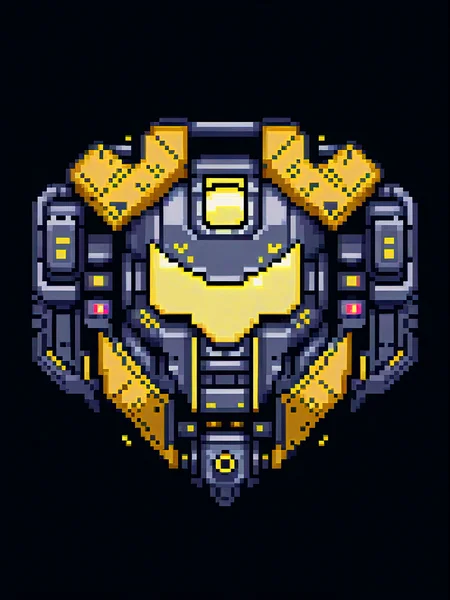 pixel art, cartoon illustration, futuristic mecha shield, cyberpunk, black and yellow colors, simple black background, game icon