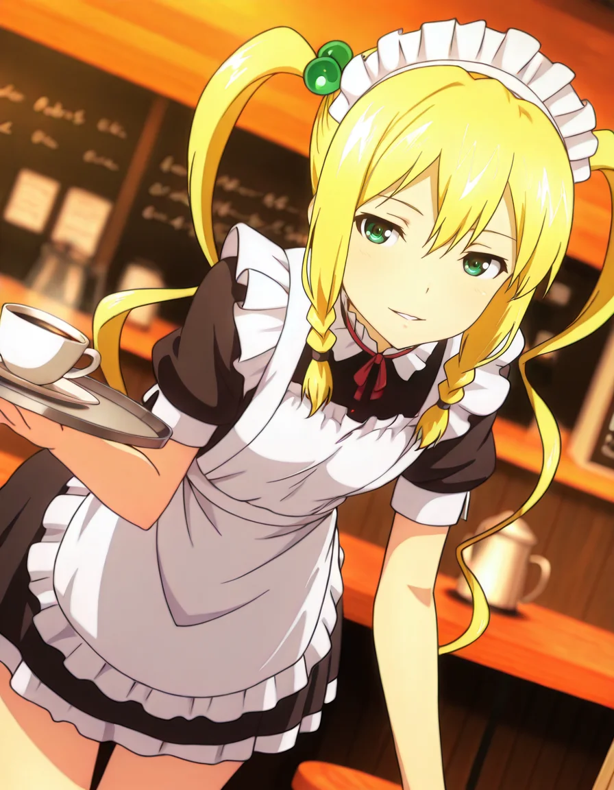 maid, maid headdress, holding tray, coffee, cafe, parted lips, light smile, cowboy shot, bent over <lora:Kodama_Himegami_LCD_v01:1> kodamahimegamilcd, braid, twintails, hair bobbles, blonde hair, green eyes, long hair,
dutch angle, depth of field, HDR, 8K, masterpiece,best quality,amazing quality, highest score,