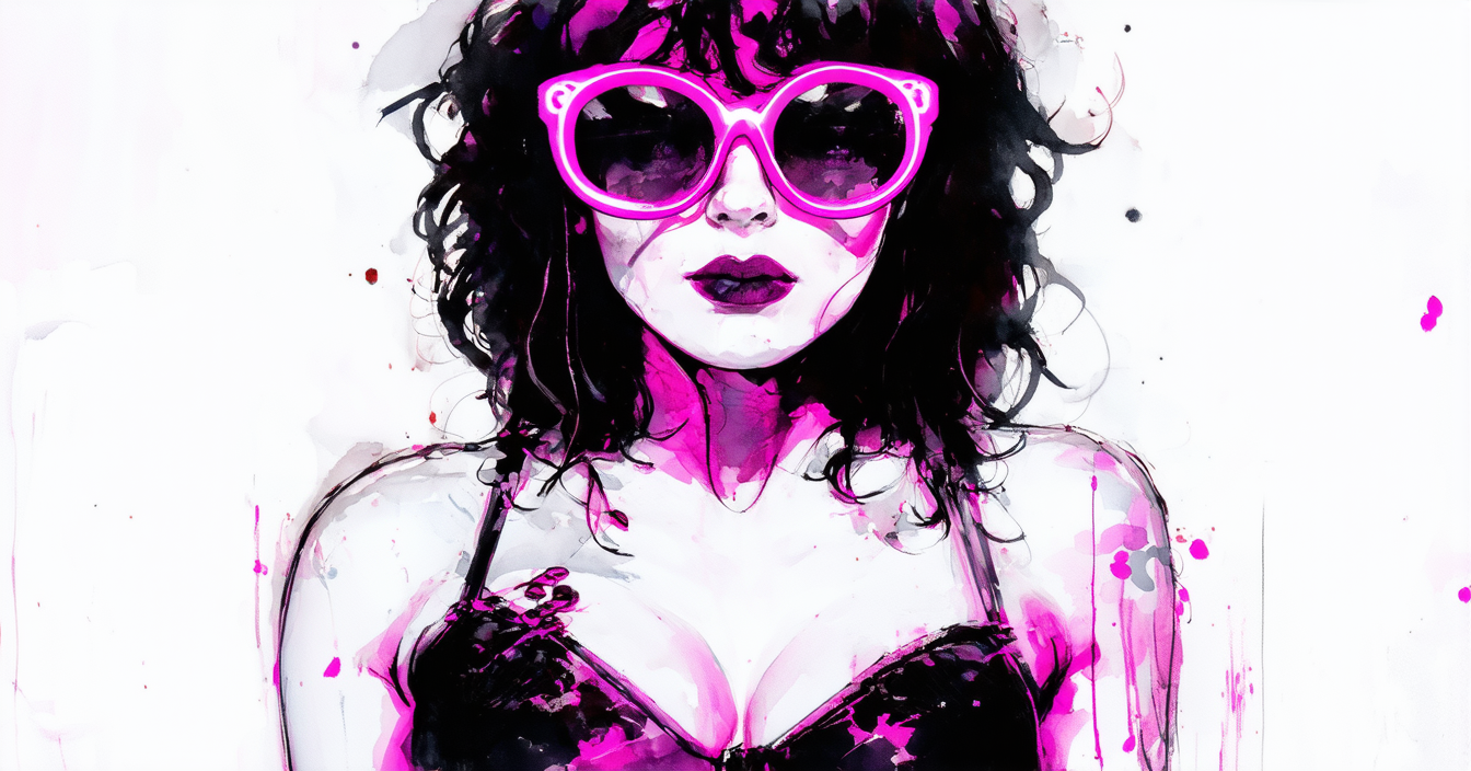 sexy woman with big breasts and neon pink glasses, punk style, detailed ink painting, minimalist
