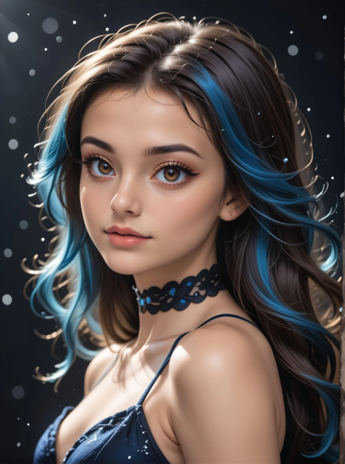 woman, looking at viewer, dark background, bare shoulders, choker, eyeliner, seductive, flirtatious, floating hair, floating particles, detached sleeves, elegant, close, <lora:Woomy_8_Pony-000001:0.7> latina, dark eyes, black and blue hair, highlights, long hair,