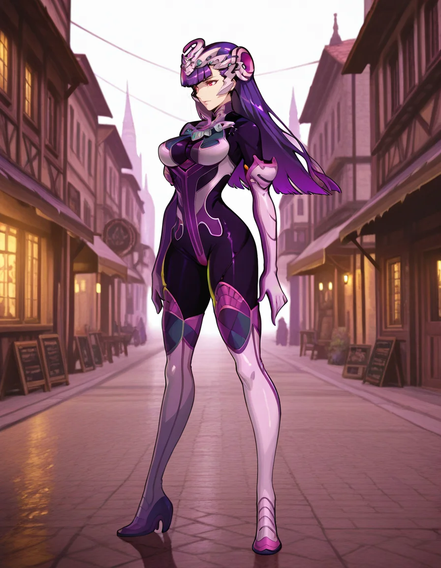 Masterpiece, hires, detailed face and eyes, ultra quality, cel-shaded, sharp lines, dry shading, Beautiful background, far west, houses, street city, <lora:Wild_Arms_5_Persephone:1> 1girl, persephone, solo, wa5, bodysuit, long hair, purple hair, red eyes, headdress, android, full body, side view