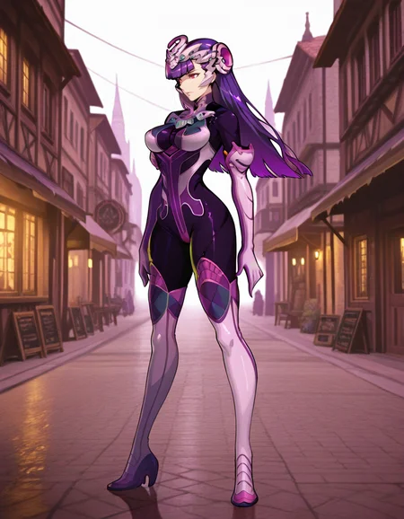 Masterpiece, hires, detailed face and eyes, ultra quality, cel-shaded, sharp lines, dry shading, Beautiful background, far west, houses, street city, <lora:Wild_Arms_5_Persephone:1> 1girl, persephone, solo, wa5, bodysuit, long hair, purple hair, red eyes, headdress, android, full body, side view