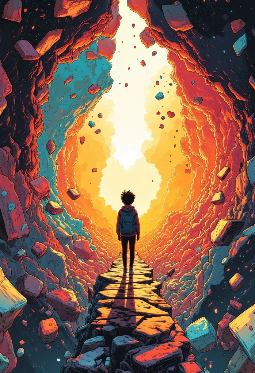 ff-enhance, ff-comic, Everything feels like it’s barely holding together, shattered space, fractured time, and the traveler, passing through the portal. Maybe it’s the glitches or the glow, but he's less a person and more a dream just passing by. Beautiful, but always moving on.