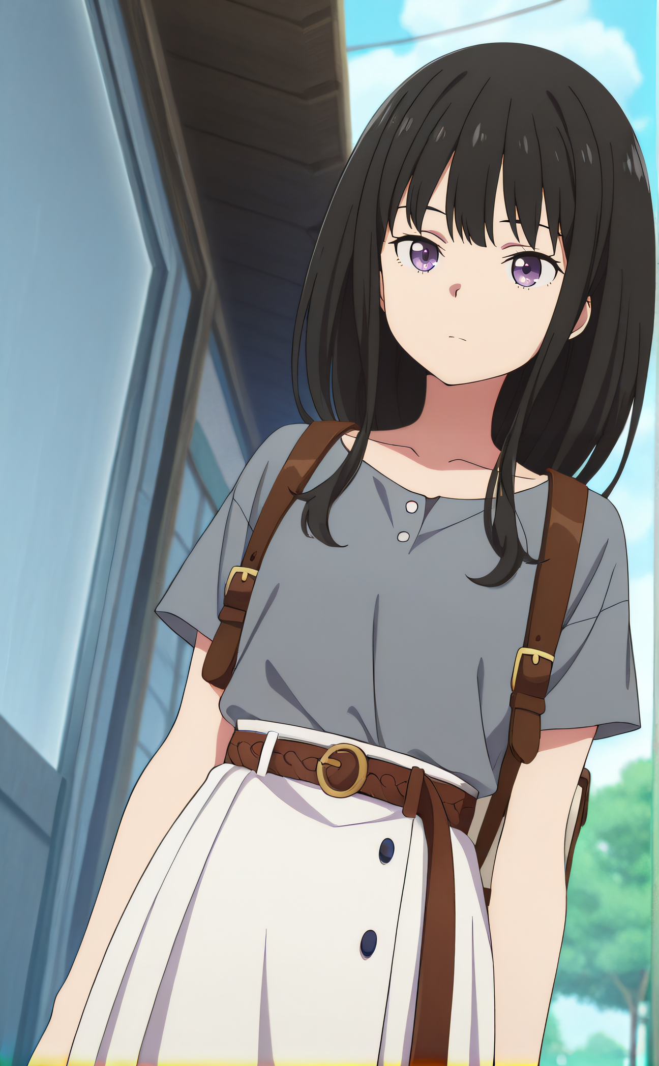 masterpiece, best quality, highres, newest, 1girl, solo, official style, anime screencap, <lora:Inuoe_Takina:1>, takina, black hair, purple eyes, collarbone, grey shirt, backpack, short sleeves, brown belt, white skirt, expressionless, cowboy shot, outdoor, day, looking at viewer
