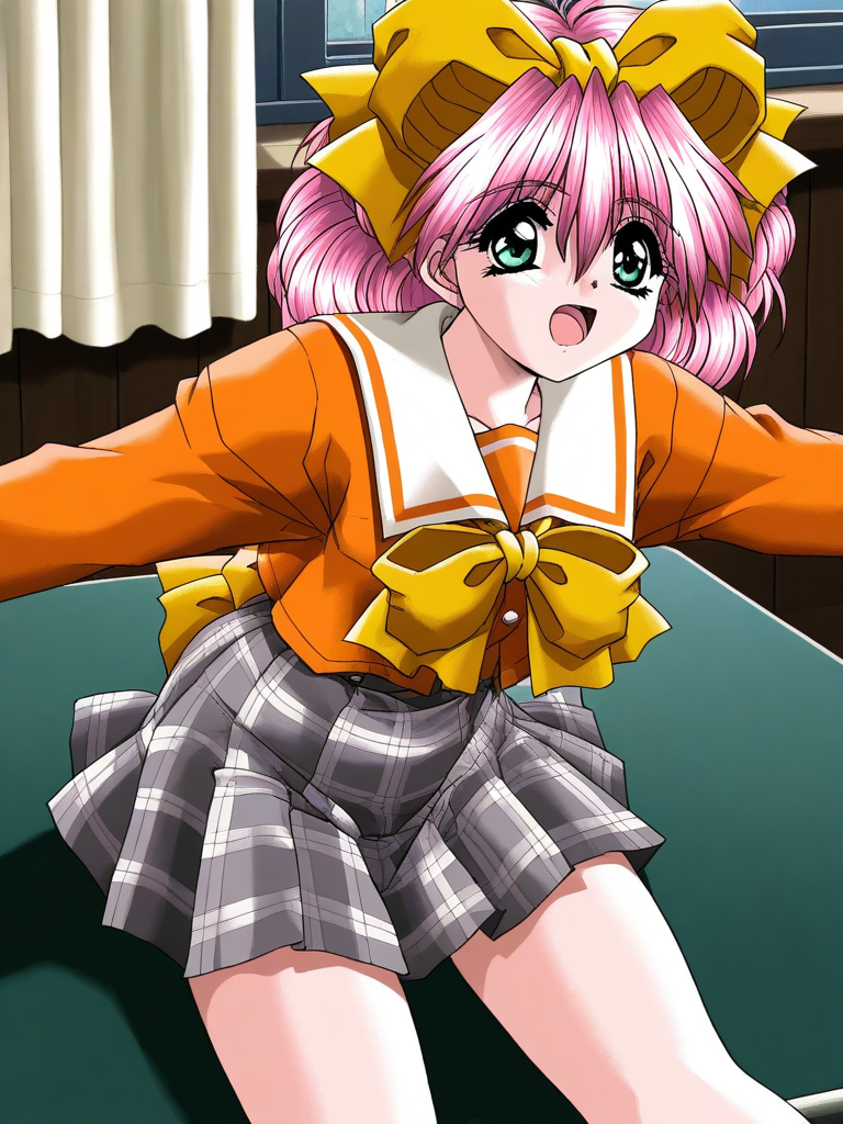 general,highres, ultra-detailed,very aesthetic,best quality ,best hands, BREAK <lora:Kanzaki_Suzu_Akumu_AoiKajitsunoSange_IS:1>
Kanzaki_Suzu, 1girl, solo, pink hair, medium hair, yellow bow, green eyes, hair bow, short,
orange school uniform, gray plaid skirt, white and black skirt, 
afraid,
open mouth,
class room, curtain,